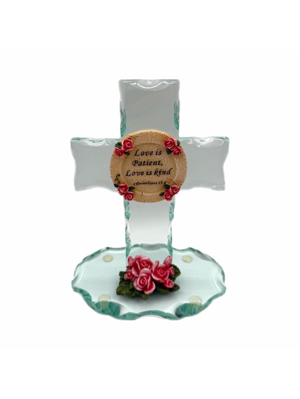 Vintage Religious “Love Is…” Glass Cross Plaque Set – Corinthians 13:4 – Pink